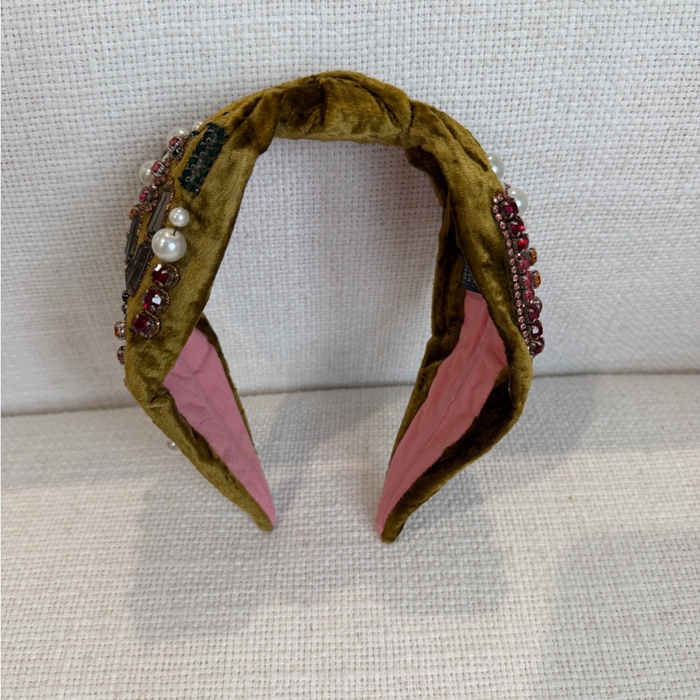 Namjosh Embellished Velvet Headband - Olive Green and Pink- worn twice
